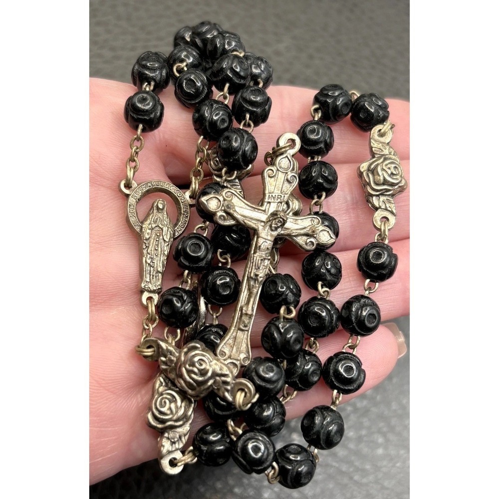 Vintage Black Rose Bead Rosary Rose Connectors Catholic Crucifix Italy 25"